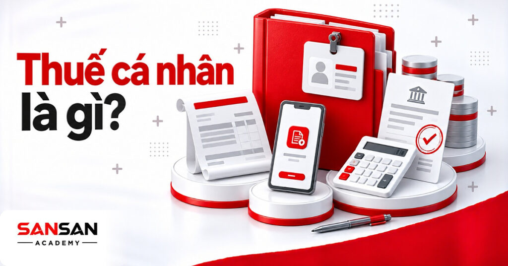 Bìa hồ sơ thuế cá nhân kẹp thẻ định danh, bên cạnh phiếu lương, điện thoại, biên lai nộp tiền và máy tính
