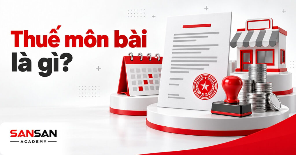 Thông báo thuế môn bài có dấu đỏ ở giữa, bên cạnh lịch bàn, mô hình cửa hàng, xấp xu và con dấu
