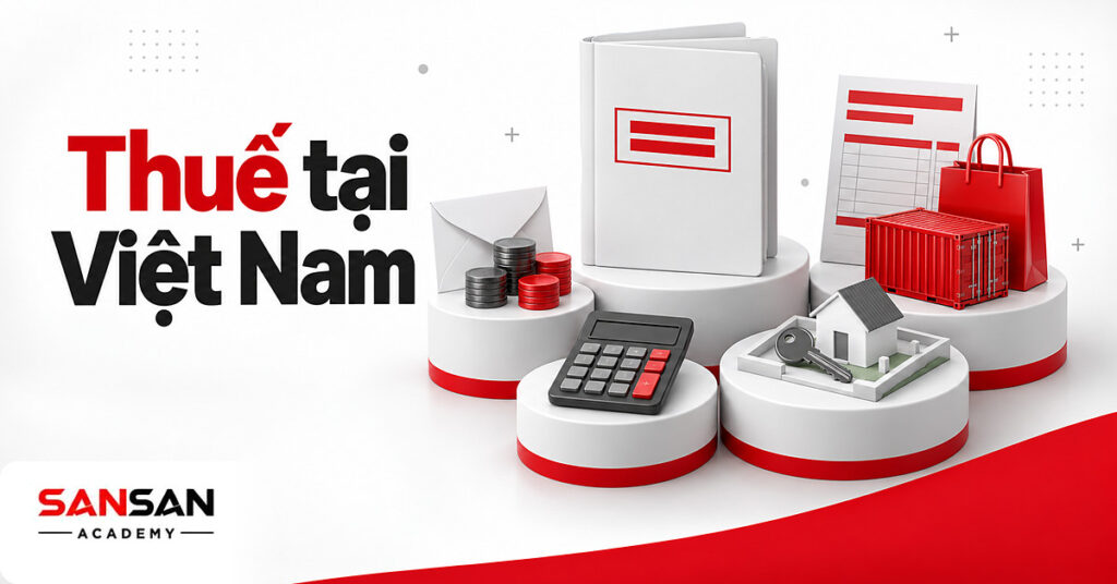 Hồ sơ khai thuế giữa phiếu lương, hóa đơn bán hàng, container và chìa khóa nhà minh họa thuế tại Việt Nam