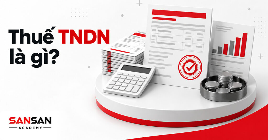 Tờ khai thuế thu nhập doanh nghiệp đặt giữa hóa đơn doanh thu, máy tính và khay tiền xu