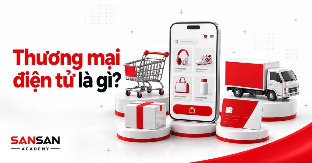 Điện thoại mở cửa hàng thương mại điện tử cùng giỏ hàng, thùng hàng, thẻ thanh toán và xe giao hàng