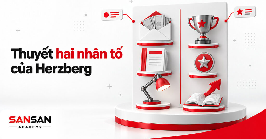 Bảng lớn chia hai cột theo thuyết hai nhân tố của Herzberg: lương, chính sách bên trái, cúp và sách bên phải