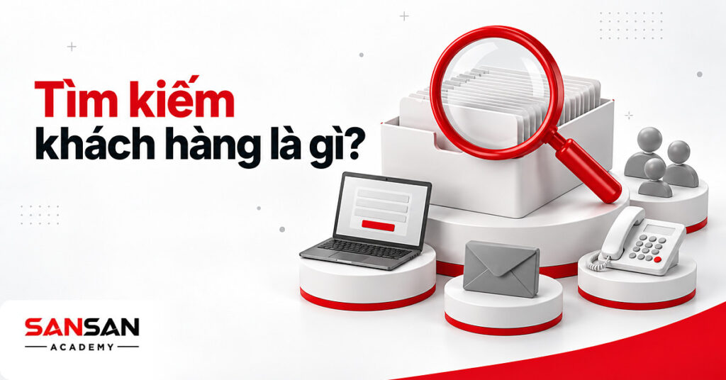 Kính lúp đỏ trên hộp thẻ liên hệ cạnh laptop, điện thoại và biểu tượng người dùng minh họa tìm kiếm khách hàng