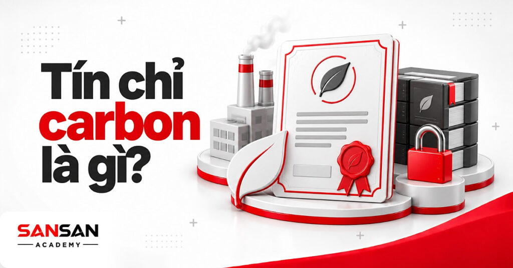 Chứng chỉ tín chỉ carbon có dấu đỏ giữa ống khói nhà máy, lá giấy trắng viền đỏ và sổ đăng ký