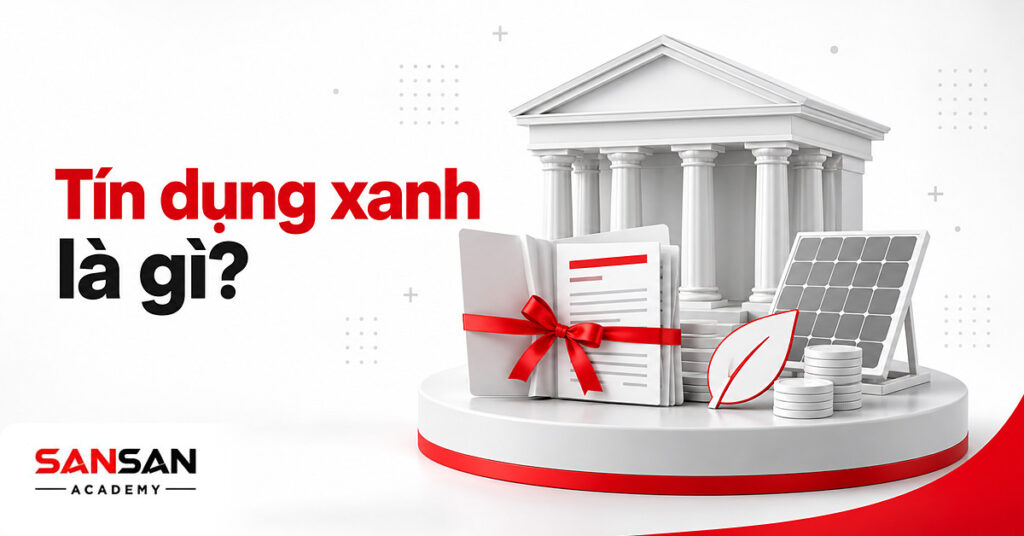 Mô hình ngân hàng trắng với hồ sơ vay buộc ruy băng đỏ, tấm pin mặt trời và chồng xu minh họa tín dụng xanh