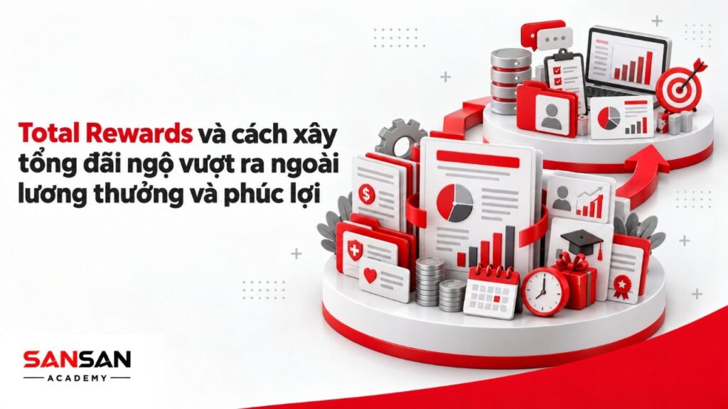 Total Rewards với lương thưởng, phúc lợi, sức khỏe, phát triển nghề nghiệp, ghi nhận và mục tiêu nhân sự của doanh nghiệp.