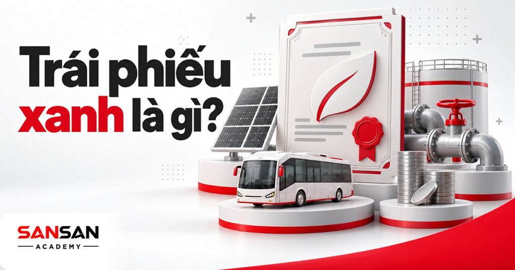 Chứng chỉ trái phiếu xanh cùng tấm pin mặt trời, xe buýt điện, đường ống nước và chồng xu