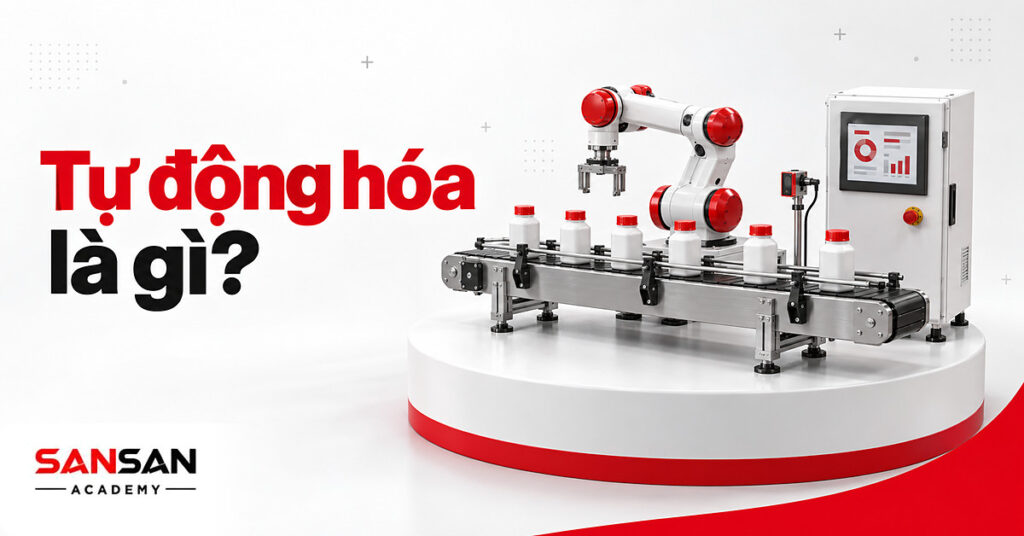 Cụm máy tự động hóa gồm băng tải chở chai, cánh tay robot, tủ điều khiển có màn hình cảm ứng và cảm biến