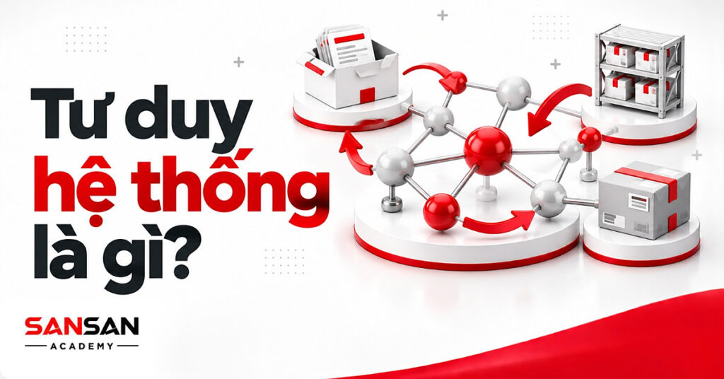 Mạng lưới nút xám nối nhau với mũi tên đỏ vòng lại bên hộp đơn hàng và kệ kho minh họa tư duy hệ thống