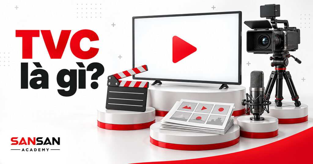 Màn hình TVC lớn ở giữa, xung quanh là bảng clapper, máy quay, micro và chồng thẻ storyboard