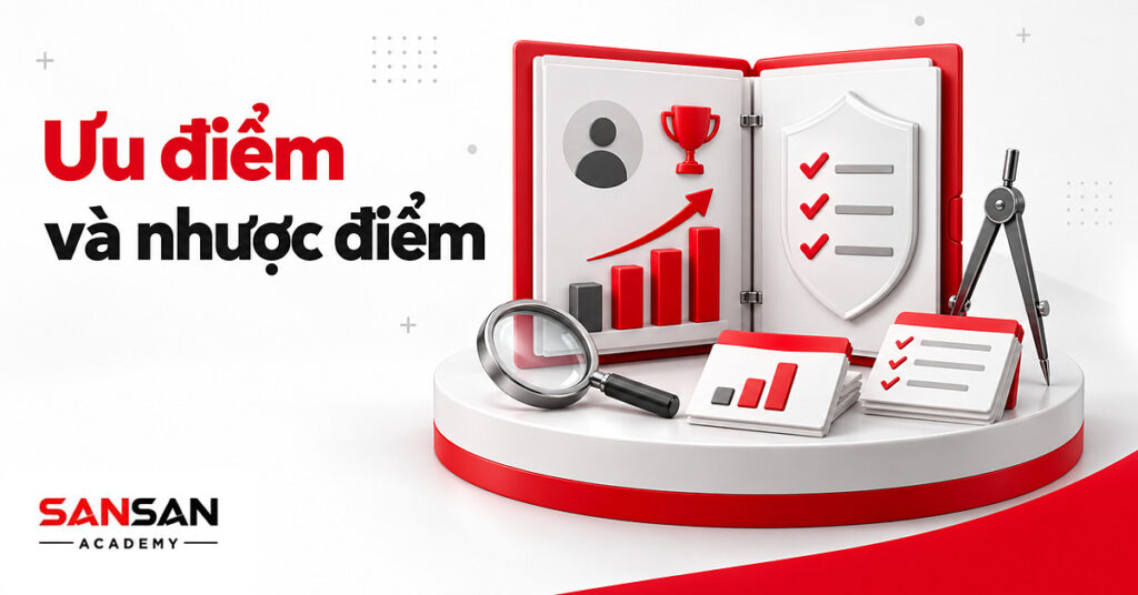 Hồ sơ cá nhân mở ra với cúp đỏ và khiên trắng, minh họa ưu điểm và nhược điểm của bản thân