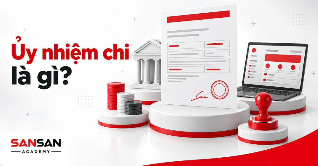 Giấy ủy nhiệm chi có dấu đỏ đặt trước mô hình ngân hàng, cạnh laptop ngân hàng điện tử và chồng tiền xu