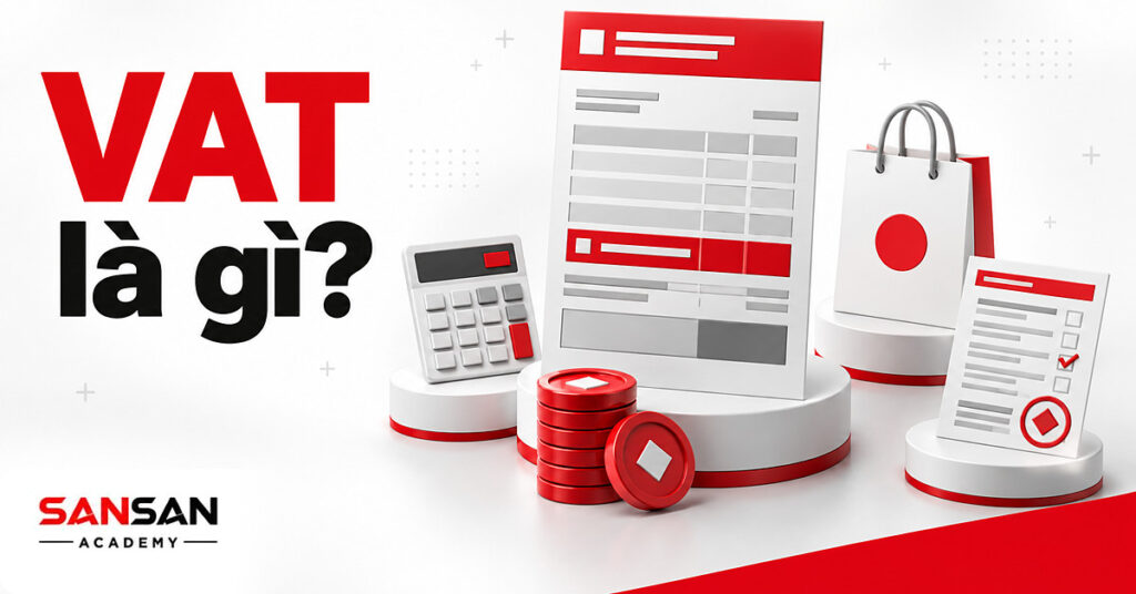 Hóa đơn VAT lớn có dải thuế màu đỏ, bên cạnh xu thuế, máy tính, túi mua hàng và tờ khai thuế có đóng dấu