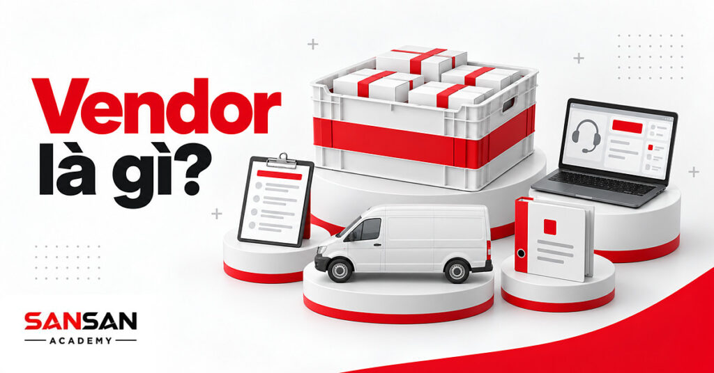 Thùng hàng trắng viền đỏ cạnh báo giá, xe giao hàng, đơn đặt hàng và laptop hỗ trợ minh họa vendor