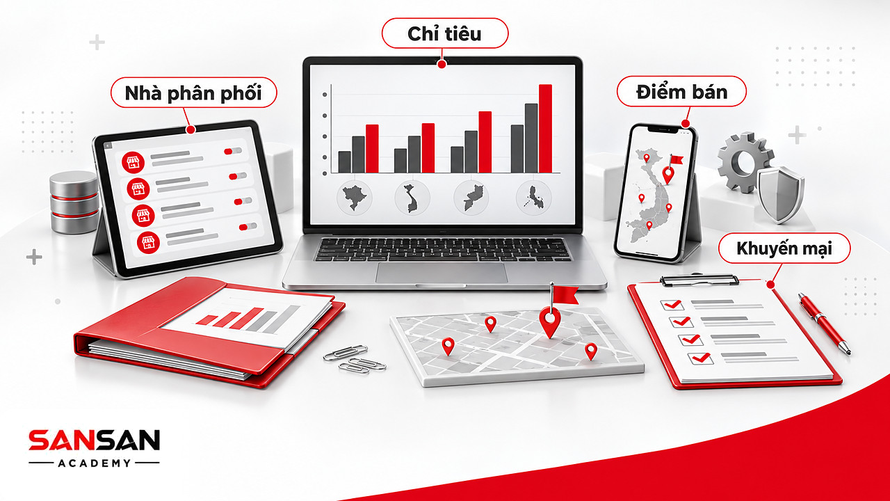 Bàn làm việc của Sales FMCG với laptop chỉ tiêu theo vùng, máy tính bảng đơn nhà phân phối và bản đồ điểm bán