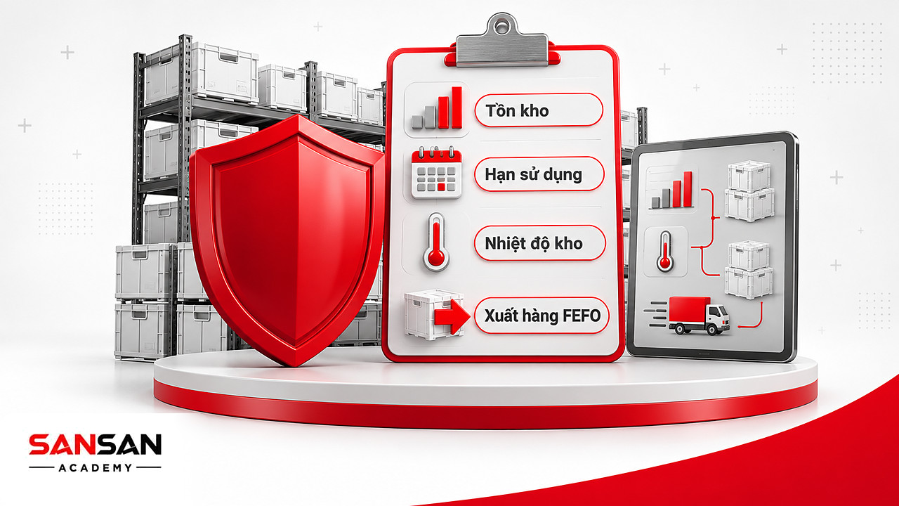 Khiên đỏ và danh sách kiểm tra tồn kho, hạn sử dụng, nhiệt độ kho, xuất hàng FEFO trong chuỗi cung ứng FMCG