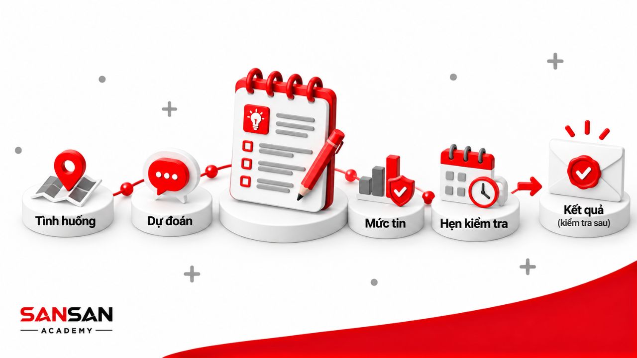 Nhật ký dự đoán ghi nhận tình huống, mức tin cậy và thời điểm kiểm tra.