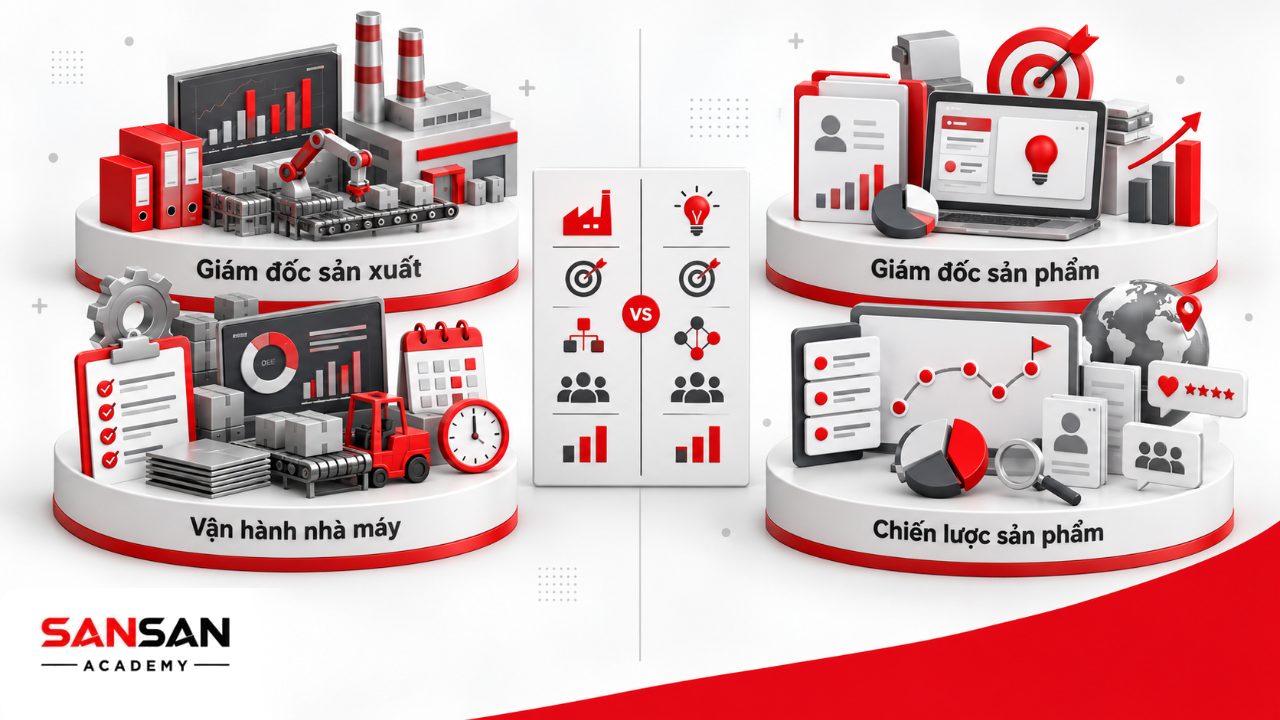 Phân biệt Giám đốc sản xuất và Giám đốc sản phẩm theo mục tiêu, phạm vi quản lý, công việc trọng tâm và chỉ số đánh giá.