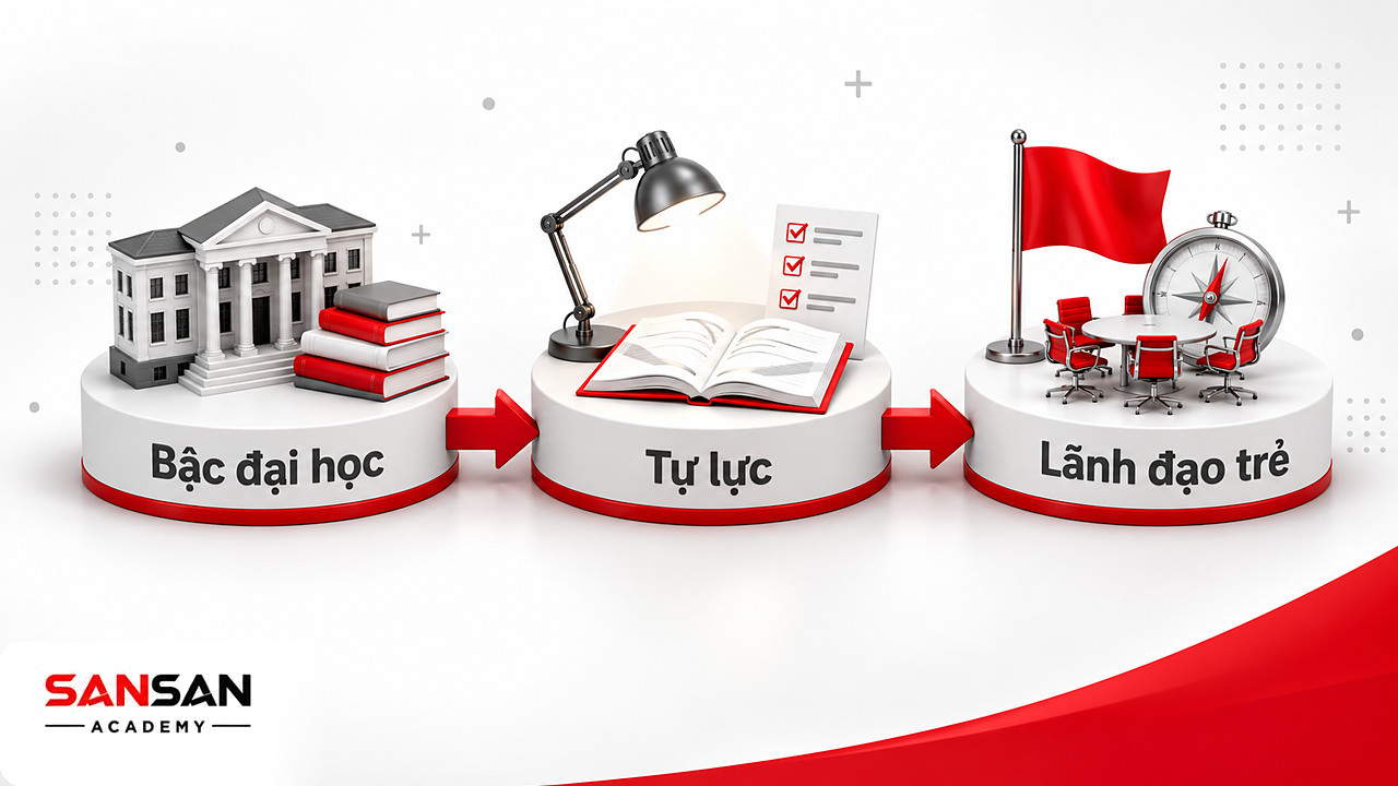 Ba bệ đặt mô hình trường đại học, đèn bàn với vở tự học và lá cờ cạnh la bàn, ba cách tiếp cận giáo dục khai phóng