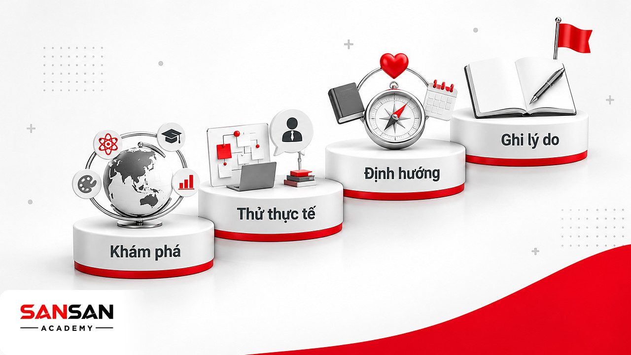 Bốn bậc thang có quả địa cầu môn học, dự án nhỏ, la bàn định hướng và cuốn nhật ký ghi lý do lựa chọn