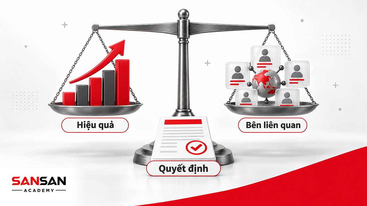 Cán cân thăng bằng giữa biểu đồ hiệu quả và nhóm thẻ hồ sơ bên liên quan, đặt trên bản quyết định có dấu đỏ