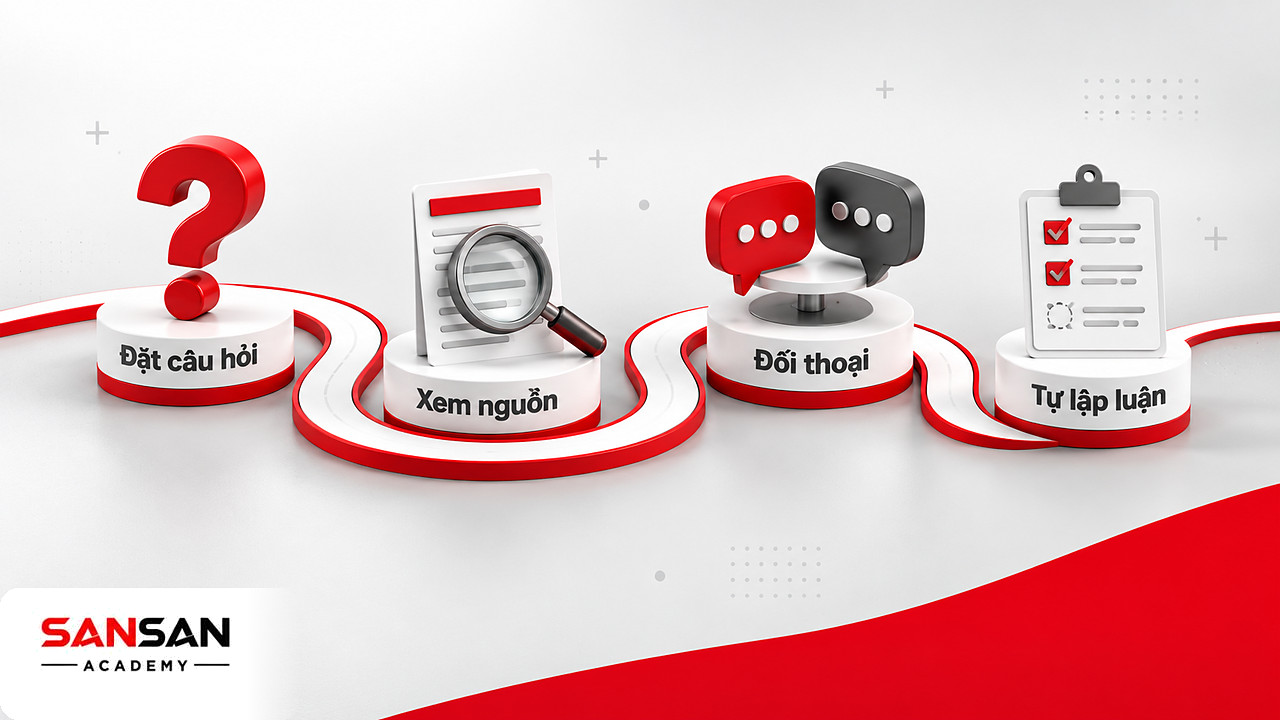 Con đường qua dấu hỏi đỏ, kính lúp trên tài liệu nguồn, bàn đối thoại và bản lập luận tách phần có bằng chứng