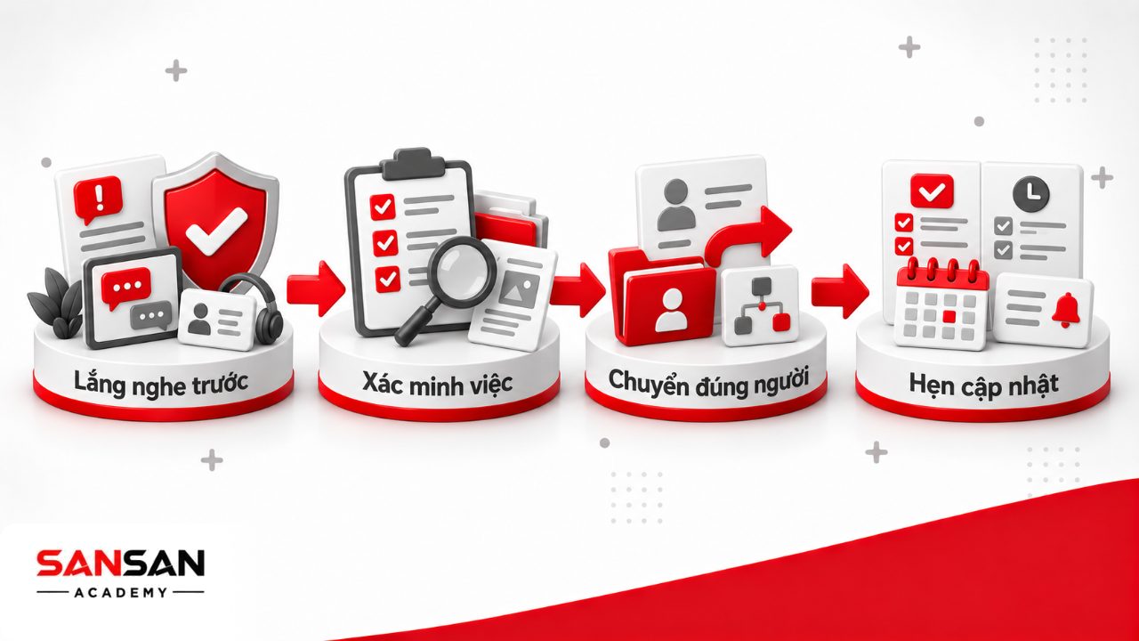 Giao tiếp với khách hàng khó tính bằng cách lắng nghe, xác minh vấn đề, chuyển đúng người phụ trách và thống nhất mốc cập nhật.