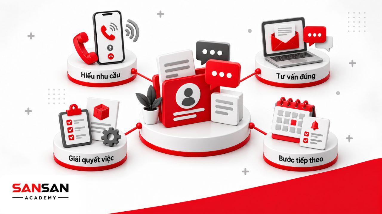 Giao tiếp với khách hàng kết nối nhu cầu, tư vấn, hỗ trợ và theo dõi qua điện thoại, email, tin nhắn và các kênh bán hàng.