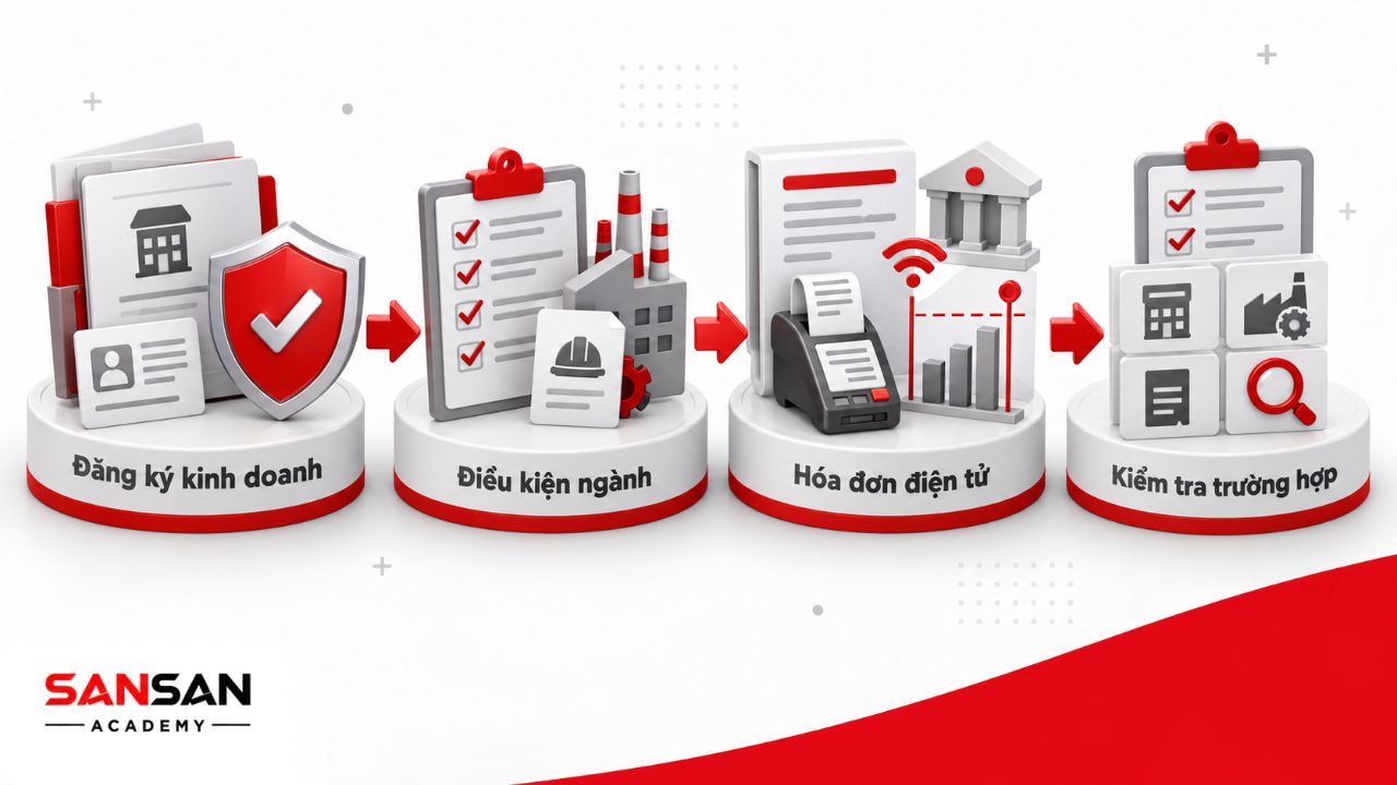Kinh doanh bán lẻ với hồ sơ đăng ký, điều kiện ngành hàng, hóa đơn điện tử và hóa đơn từ máy tính tiền.