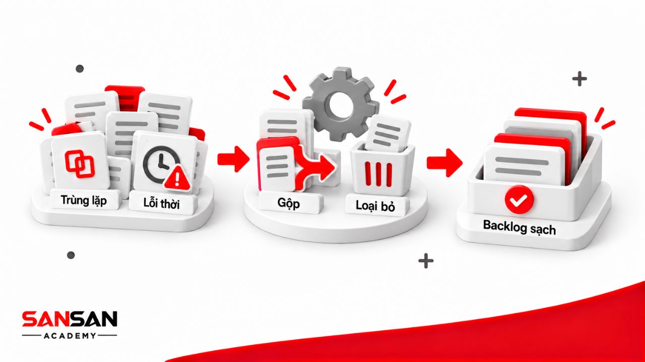 Yêu cầu trùng lặp và lỗi thời được gộp, loại bỏ khỏi backlog.