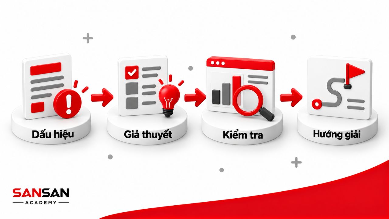 Quy trình từ dấu hiệu đến giả thuyết, kiểm tra và hướng giải quyết.