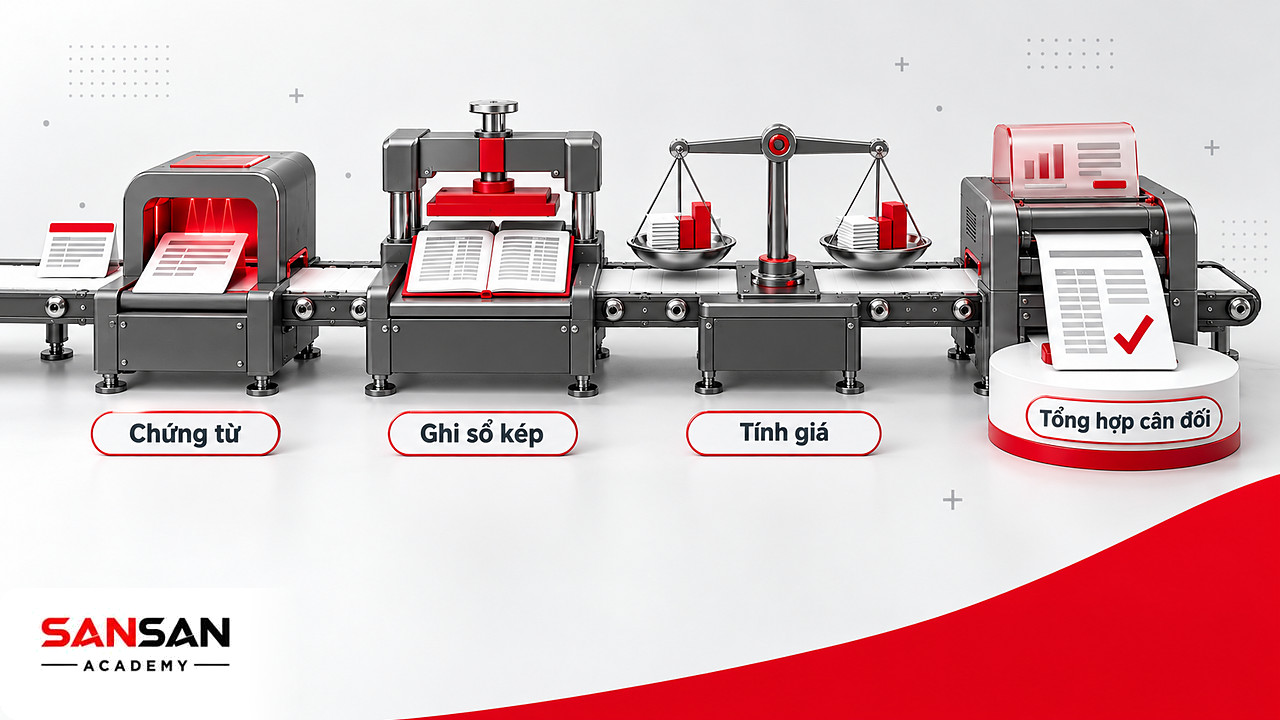 Băng chuyền đưa nghiệp vụ qua chứng từ, ghi sổ kép, tính giá và tổng hợp trong hạch toán kế toán