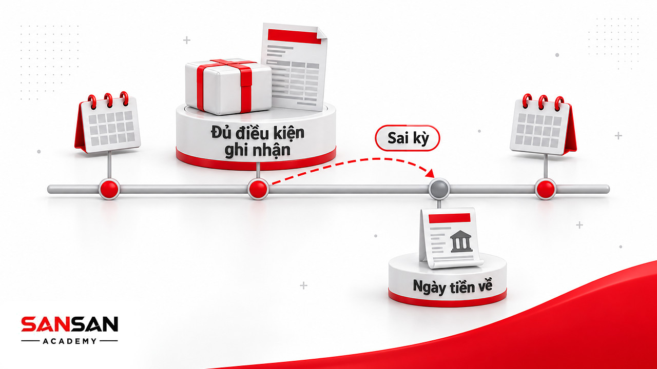 Dòng thời gian tách thời điểm ghi nhận doanh thu với ngày tiền về để tránh sai kỳ khi hạch toán kế toán