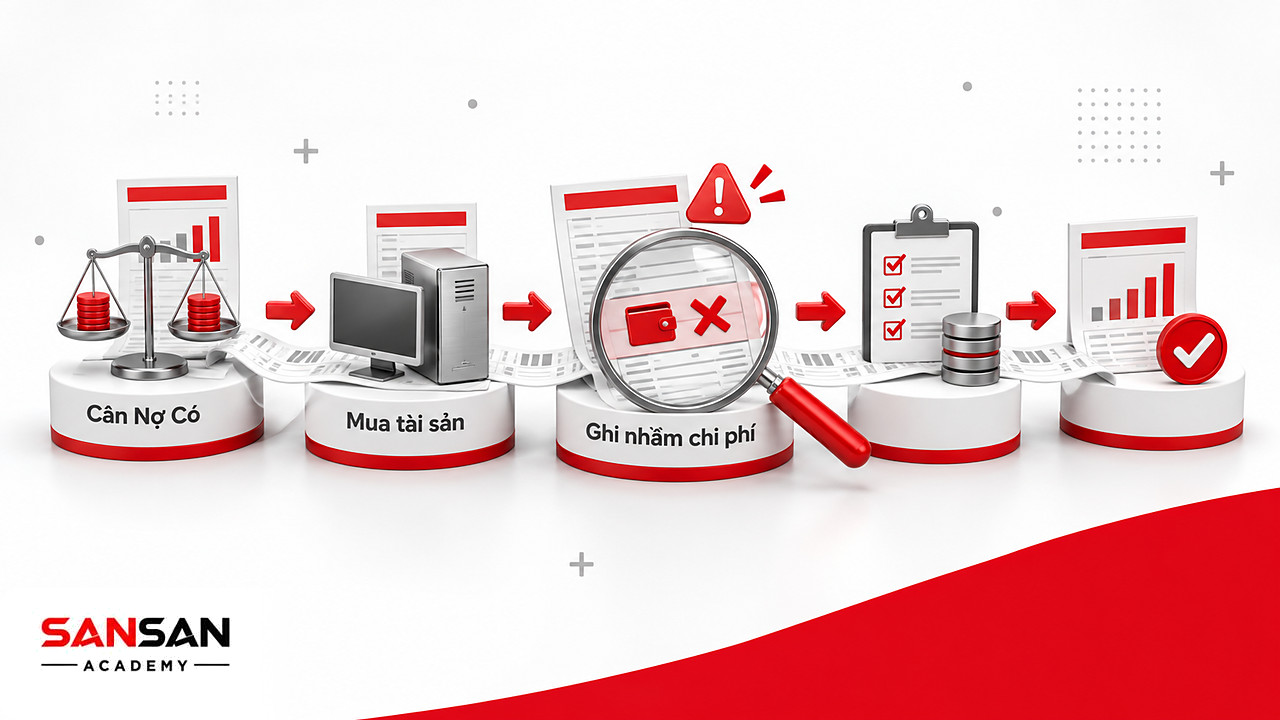 Kính lúp soi dòng bút toán ghi nhầm mua tài sản vào chi phí dù sổ vẫn cân khi hạch toán kế toán