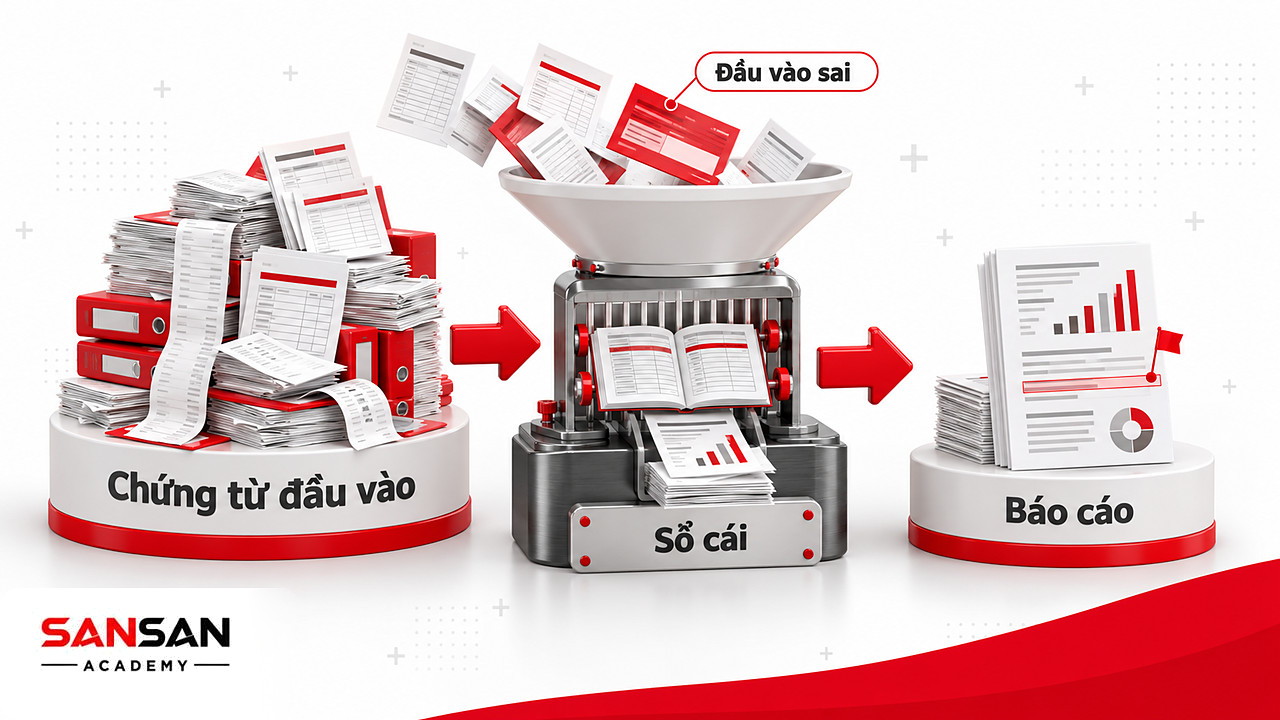 Phễu biến chứng từ thành sổ cái và báo cáo, cho thấy đầu vào sai làm hạch toán kế toán ra số sai