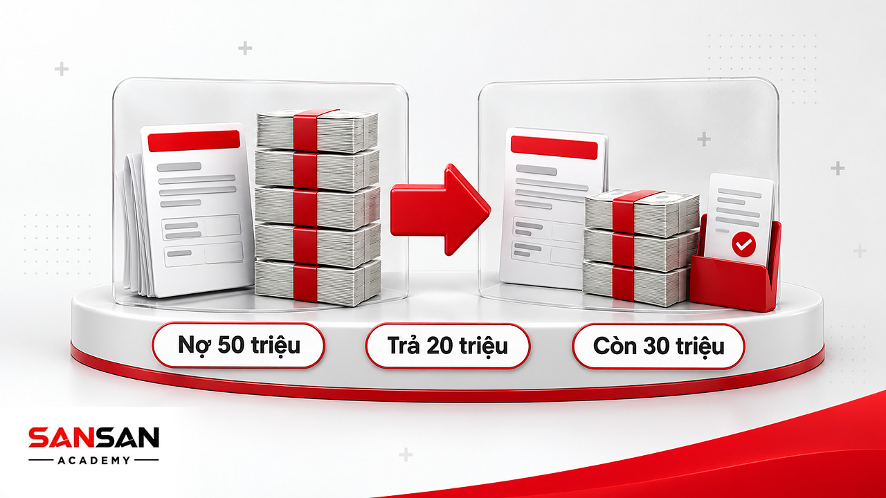 Trước và sau khi trả 20 triệu, công nợ giảm từ 50 triệu còn 30 triệu trong ví dụ hạch toán kế toán