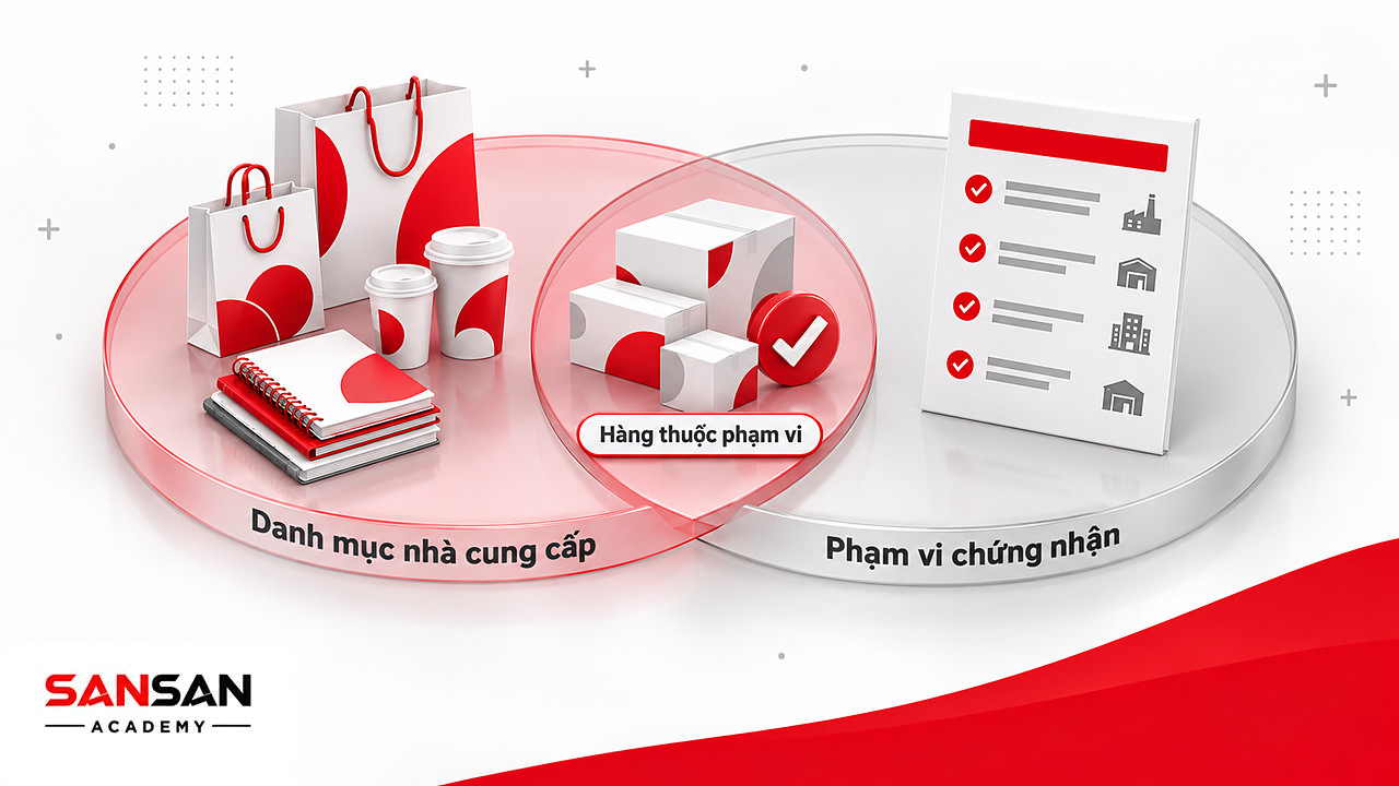 Hai vòng giao nhau giữa danh mục hàng của nhà cung cấp và phạm vi chứng nhận FSC, chỉ phần chung là hàng FSC