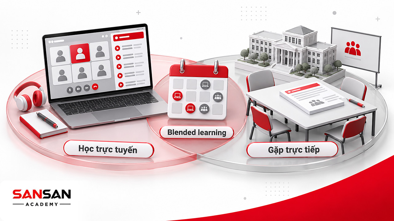 Hai vòng giao nhau giữa học trực tuyến và học trực tiếp, phần chung là hình thức MBA kết hợp blended learning