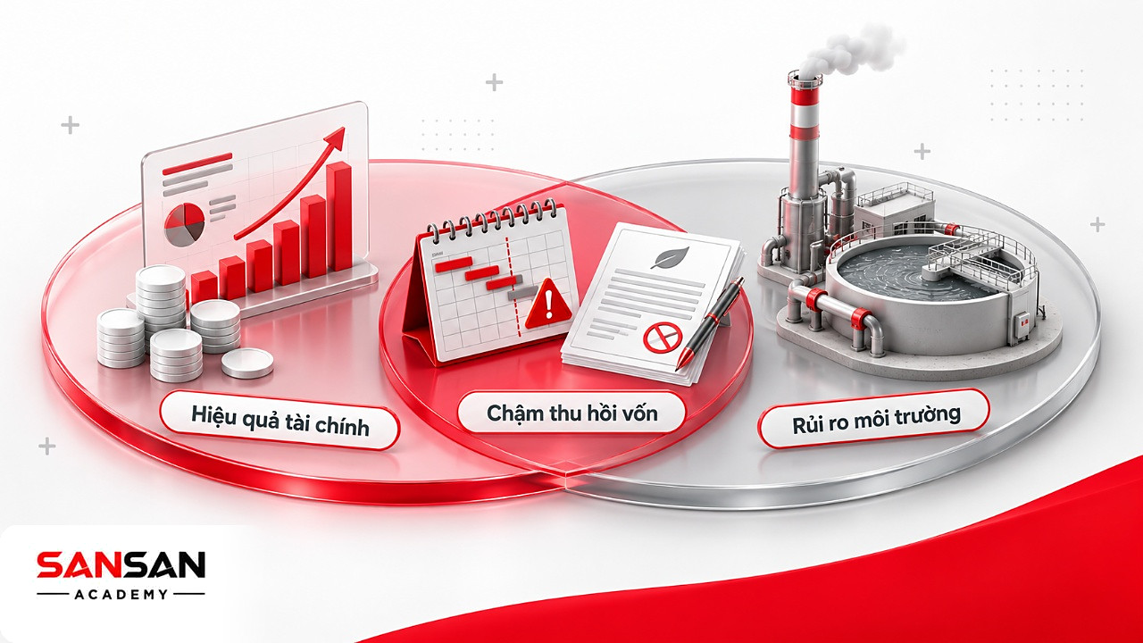 Hai vòng hiệu quả tài chính và rủi ro môi trường giao nhau ở thẻ tiến độ chậm khi thẩm định tín dụng xanh