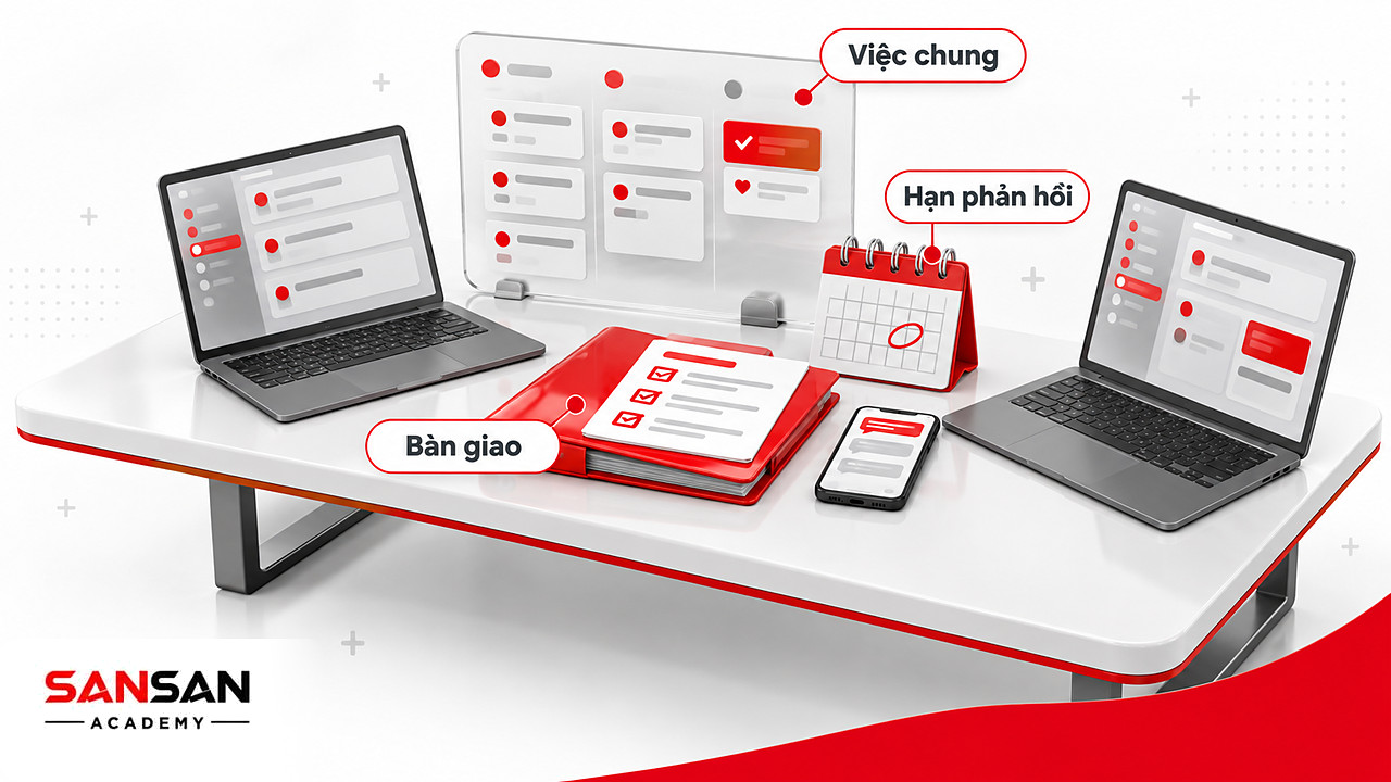 Hai laptop đối diện nối bằng tập hồ sơ bàn giao, lịch hạn phản hồi và bảng việc chung có lời cảm ơn