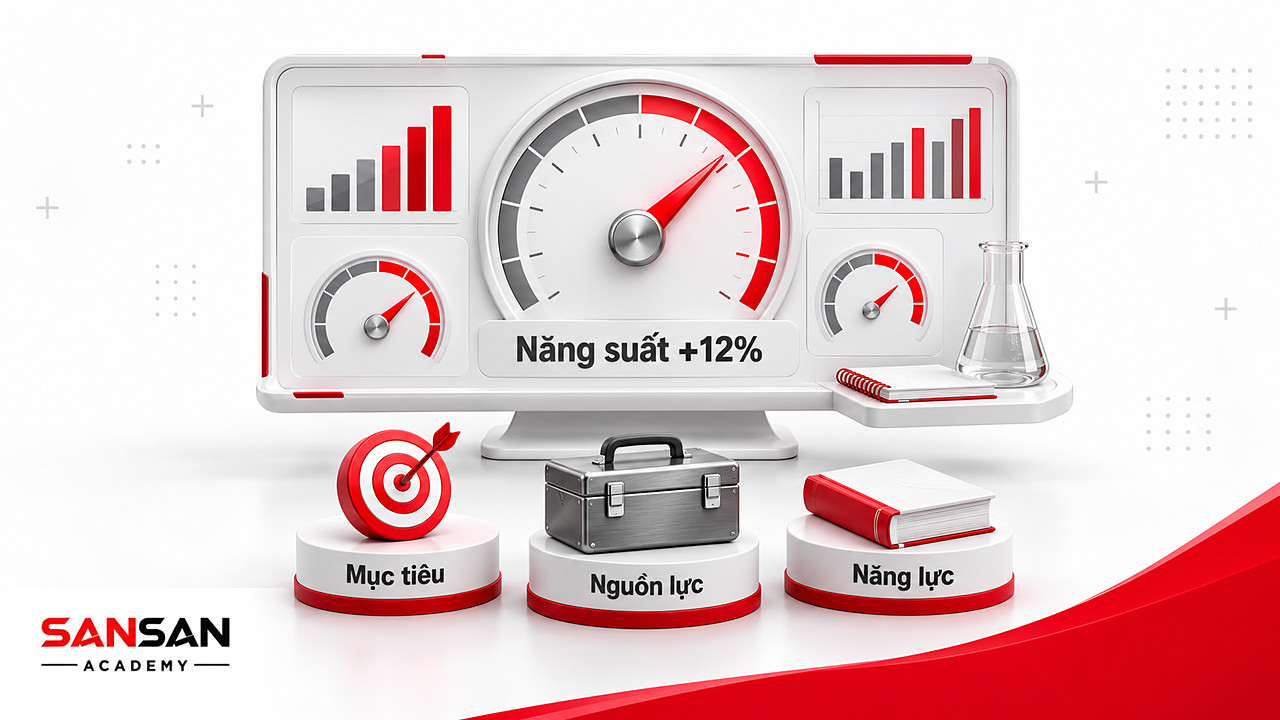 Đồng hồ đo kim đỏ chỉ năng suất +12% bên bia mục tiêu, hộp công cụ và sách kỹ năng, lợi ích của hạnh phúc nơi làm việc