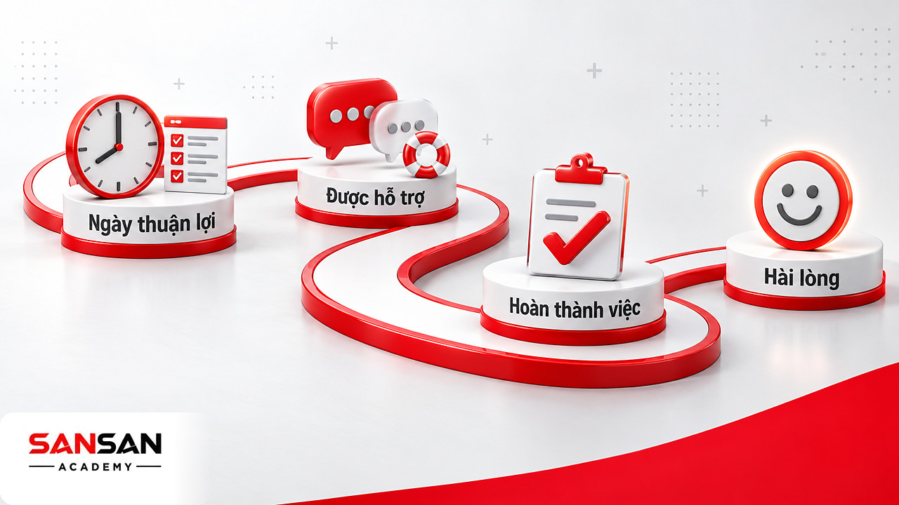 Con đường một ngày làm việc qua đồng hồ, bong bóng hỗ trợ và việc đã xong, gợi niềm vui của hạnh phúc nơi làm việc
