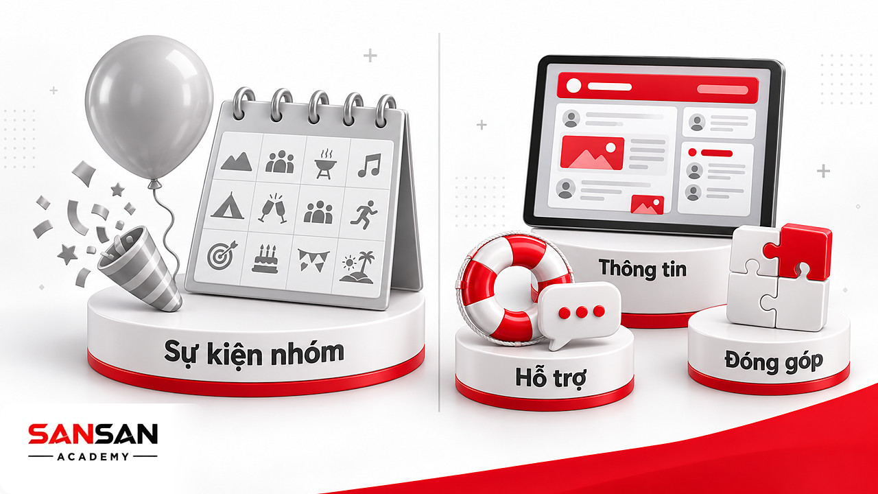 Bên trái bóng bay và lịch sự kiện, bên phải bảng tin chung, phao hỗ trợ và mảnh ghép dự án tạo cảm giác kết nối