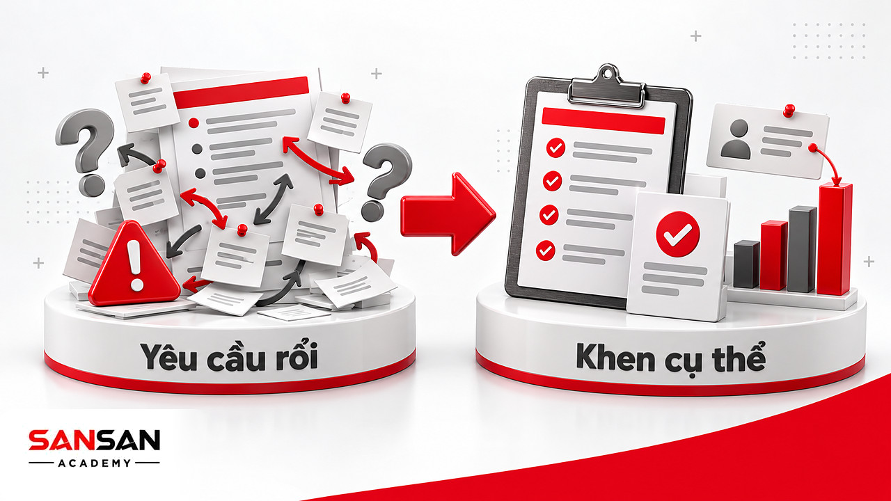 Bên trước giấy ghi chú rối và dấu hỏi, bên sau bản giao việc rõ ràng cùng thẻ cảm ơn gắn với biểu đồ kết quả
