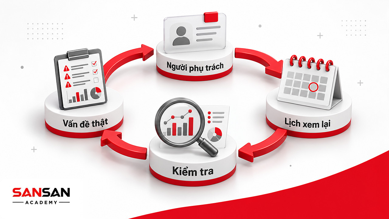Vòng mũi tên đỏ nối phiếu khảo sát, người phụ trách, lịch xem lại và kính lúp, chu trình nâng hạnh phúc nơi làm việc