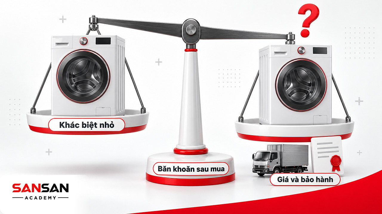 Cán cân với hai máy giặt gần giống nhau, thẻ bảo hành và dấu hỏi sau mua, minh họa hành vi khách hàng giảm bất hòa
