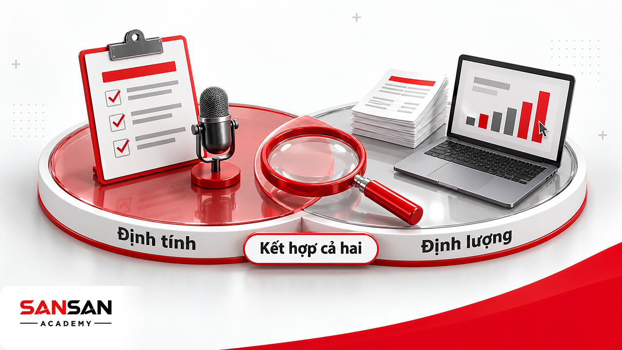Hai vòng định tính và định lượng giao nhau ở kính lúp đỏ, minh họa phương pháp nghiên cứu hành vi khách hàng