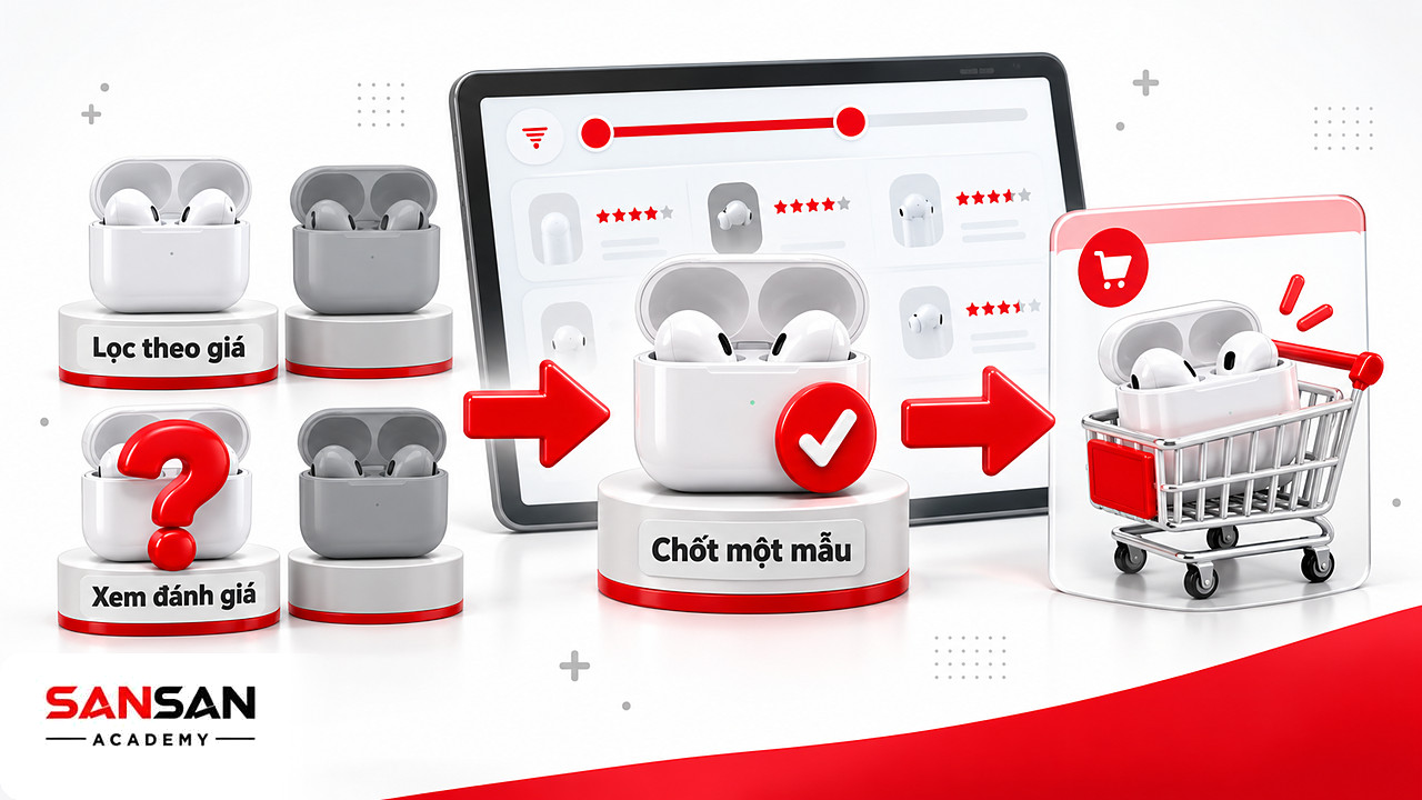 Bốn hộp tai nghe trước bộ lọc giá và đánh giá, một hộp được chọn vào giỏ, minh họa hành vi khách hàng trên sàn