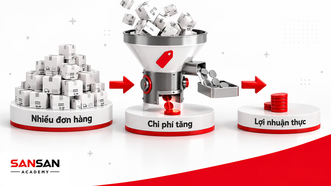 Phễu biến đổi đơn khuyến mại thành lợi nhuận sau khi trừ chi phí, minh họa điều chỉnh giá theo hành vi khách hàng