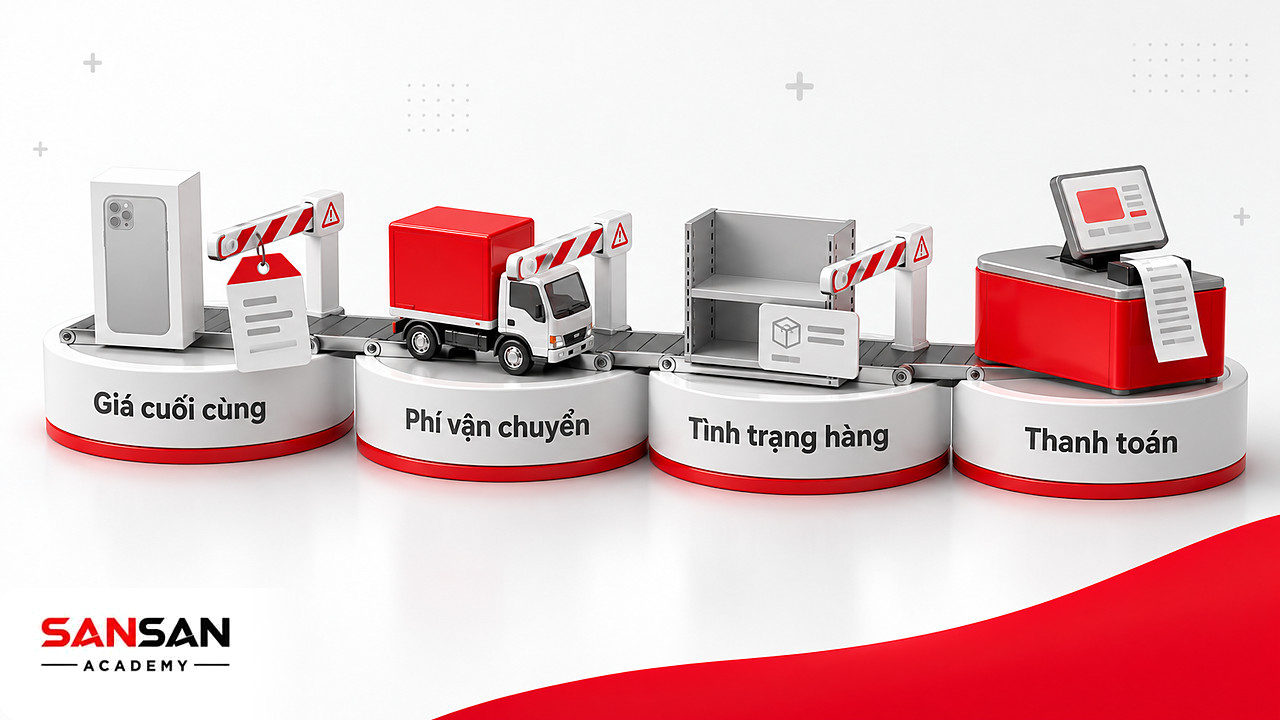 Ba rào chắn giá cuối, phí vận chuyển và tình trạng hàng trước quầy thanh toán, minh họa hành vi khách hàng